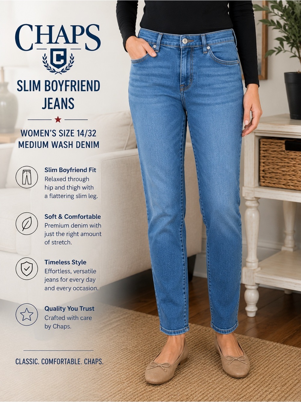Chaps Slim Boyfriend Jeans Women’s Size 14/32 Medium Wash Denim